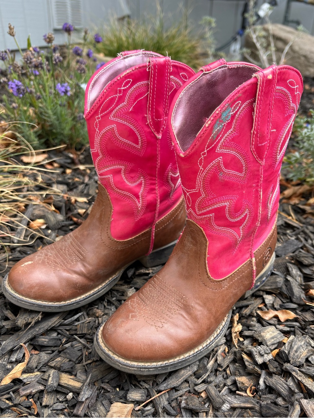 Kids Brown Leather & Pink Cowboy Boots